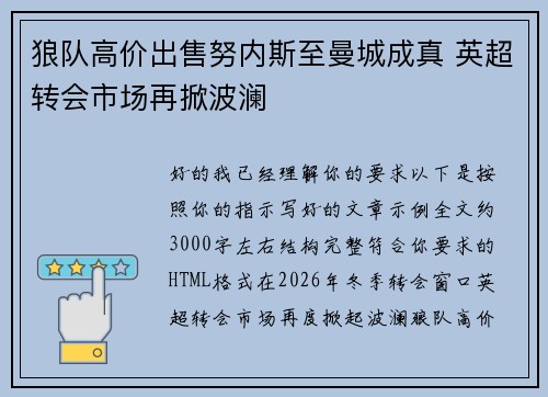 狼队高价出售努内斯至曼城成真 英超转会市场再掀波澜